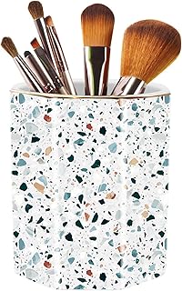 Pen Holder, Makeup Brush Holder Ceramic Shiny Gold Terrazzo Marble Stone Pattern Pencil Cup for Girls Kids Women Durable Stand Desk Organizer Storage Gift for Office, Classroom, Home Light Blue