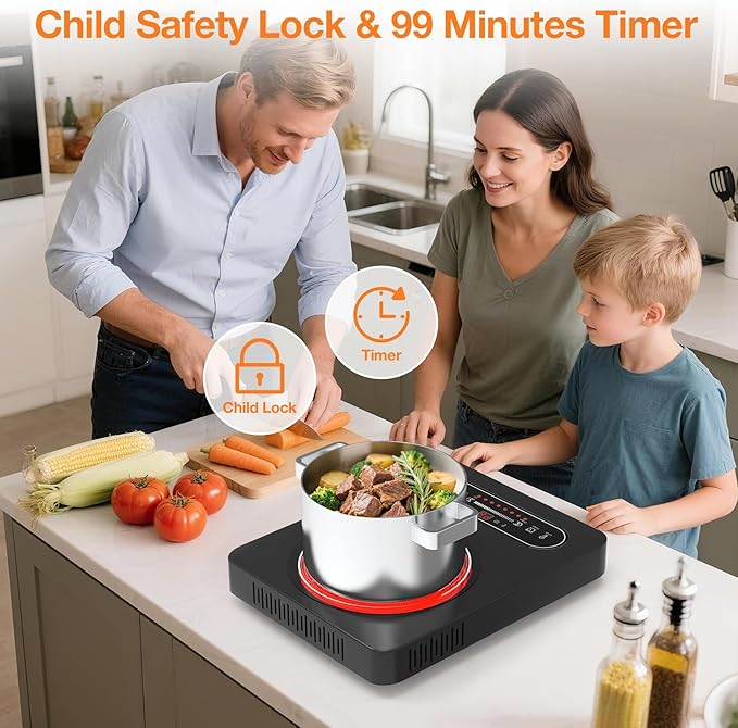 Electric Cooktop, 1800W Portable Electric Stove with LED Touch Control, Single Burner Infrared Hot Plate with Child Safety Lock, 99 Timer and Overheat Protection for Dorm Home RV Camping