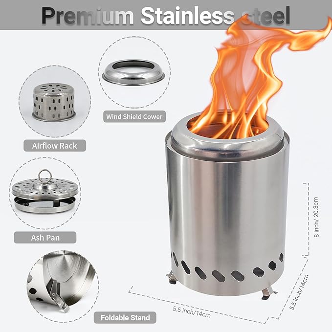 5.5 Inch Tabletop Stainless Steel Fire Pit Stove Multi-Color Low Smoke Top Firewood Stove for Outside Portable Mini Outdoor Fire Pit Including Pellet and Heat-Insulating Gloves (Silver)