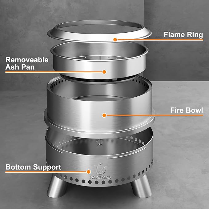Smokeless Fire Pit, 19.5 Inch Portable Smokeless FirePit for Outside with Fire Poker and Carry Bag, Stainless Steel FirePit, Easy Setup and Storage, Sliver