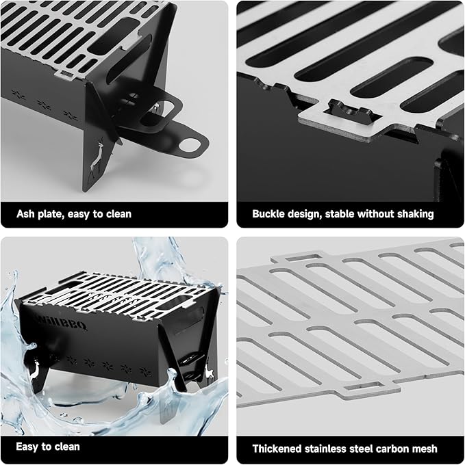 WILLBBQ Charcoal Grills Quality Portable Detachable Folding,Skewers Campfire Grill,Hibachi Backpacking BBQ Grill,Easy Portability For Outdoor Barbecues Camping Picnics Garden Party(11.8x8.5x7.5 inch)