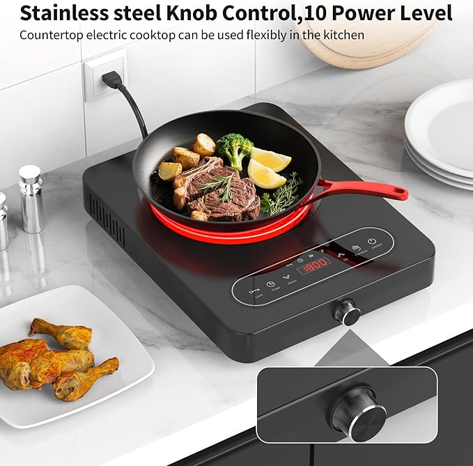 VBGK Single Burner Electric Cooktop, 110V 1800W Electric Cooktop with LED Touch Controls and Knob Controls, 10 Power Levels, 4-Hour Timer, Safety Lock, Single Burner Overheat Protection