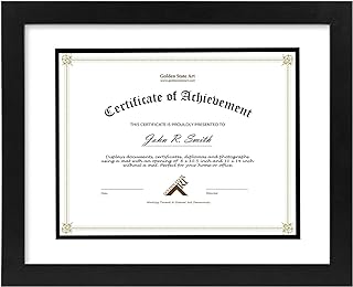 Golden State Art, 11x14 Diploma Frame for 8.5x11 Document & Certificates with Mat, Or 11x14 Without Mat, Real Glass, Double Mat (Black with White/Black, 1 Pack, Solid Wood)