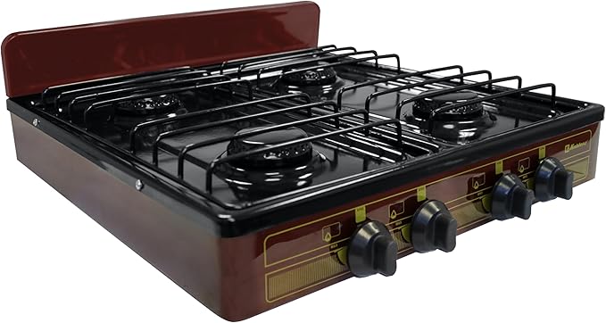 Koblenz Victoria PFK-400A 4 Burner Gas Stove, 16,000 BTU Portable Cooktop, Porcelain Cover, Manual Ignition, LP Gas, Outdoor Gas Stove for Camping, Tailgating, Cookouts, Bronze