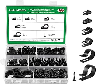 Cable Clips for Cable Management Cord Organizer, 6 Sizes 300 PCS Nylon R-Type, 3/16'' 1/4'' 3/8'' 1/2'' 3/4'' 1'' Black Plastic Screw Mounting Cord Fastener Clamp Assortment Kit with M4 Screws