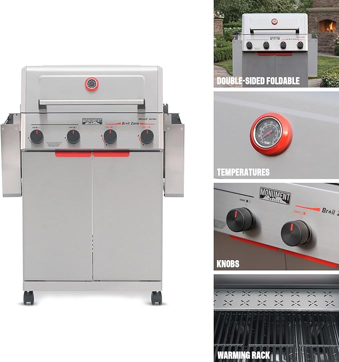 Monument Grills 4 Burner Stainless Steel Propane Gas Grill M2, 500°F in 5 Mins, 525 sq.in, 37,000 BTU, Broil Zone, Foldable Side Shelves, Knob Control, Built in Thermometer, with 4 Accessories