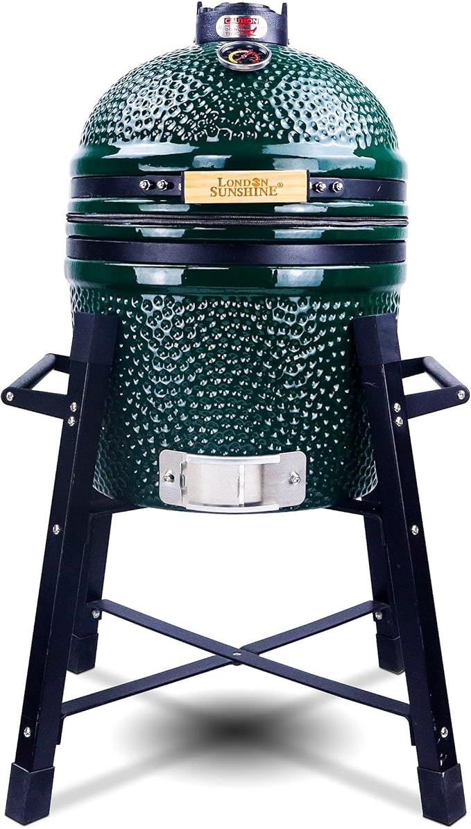 London Sunshine Ceramic Kamado Charcoal BBQ Grill and Smoker, Stainless Steel Grates -15" Ceramic with Tall Stand (GREEN)