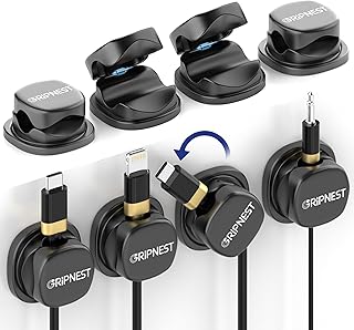 Never-Lose 1s Lock Spring Cable Solution – Rotatable Cable Clips, Strong Adhesive Cord Organizer & Wire Holder for Desk, Car & Nightstand, Secure Cable Management, 8 Pack (Black)