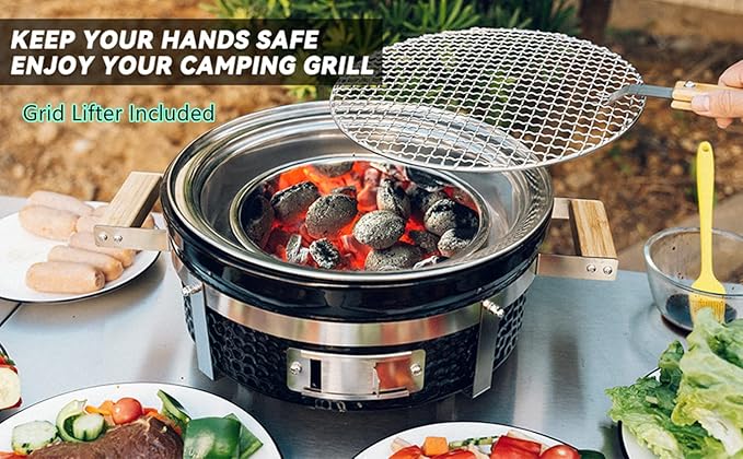 ONLYFIRE GRILLS Ceramic Hibachi Charcoal Grill with Grid Lifter, 14" Portable BBQ Yakitori Grill with Stainless Steel Grate for Outdoor Patio Backyard Barbecue Cooking, GS305