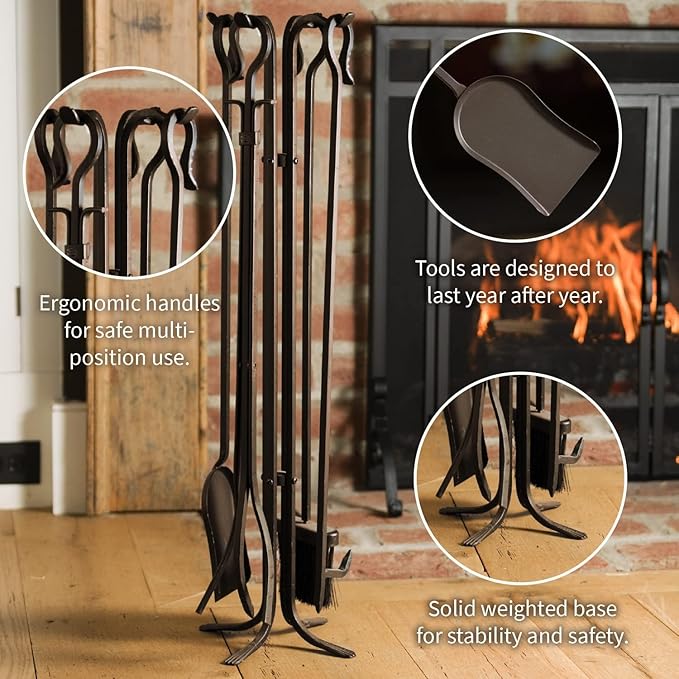 Plow & Hearth 5 Piece Hand Forged Iron Fireplace Tool Set 27.5" | Bronze Wrought Iron Handle for Outdoor Indoor | Stand Poker Shovel Brush Log Tongs Wood Stove Accessory