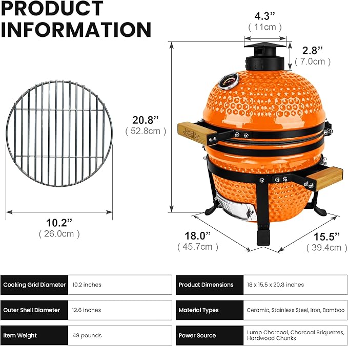 Upgraded 13 inch Ceramic Kamado Grill with Waterproof Air Vent Cap | Portable Tabletop Charcoal BBQ Grill Smoker for Outdoor Cooking, Patio, Camping | Orange