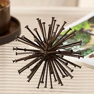 Metal Starburst Sculpture, Spike Tabletop Decorative Sphere, Small Abstract Geometric Urchin Decor Ball, Rusty Iron Table Top Decoration Orb for Home Living Room Bedroom Office Shelf