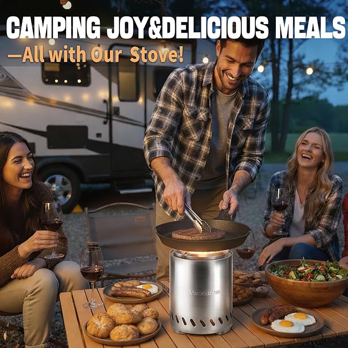 9.7 x 7.1 inch Tabletop FirePit, VivaGarden Portable Fire Pit Outdoor, Wood and Pellets Burning Camping Stove with Carry Bag, Forks, Mat and Pot Stand (Silver)