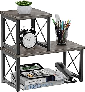 Honiter Desk Shelf for Top of Desk, Wood Desktop Shelf, 2 Tier Adjustable Bookshelf Organizer, Freestanding Stackable Desk Stand Storage Organizers Kitchen Counter Display Rack