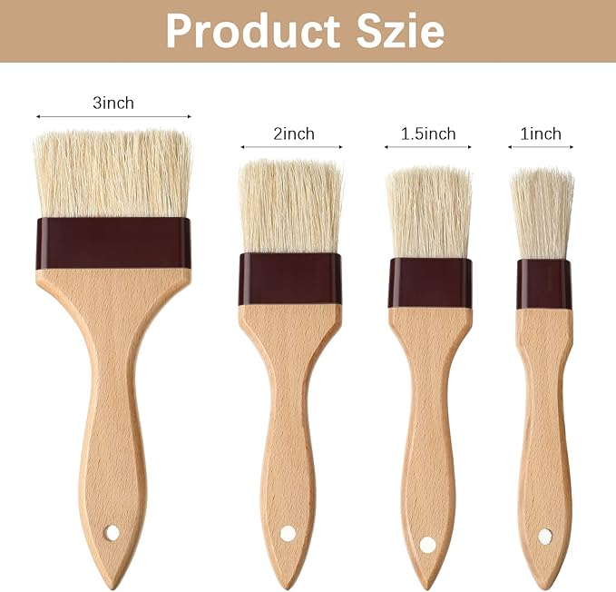 Boao 4 Pcs Pastry Brush, Natural Bristle Basting Brush, Beech Wooden Handle Basting and BBQ Brushes for Cooking, Butter, Oil, Egg, Marinade, Sauce, Grilling, Baking, Kitchen Food(1, 1.5, 2, 3 Inch)