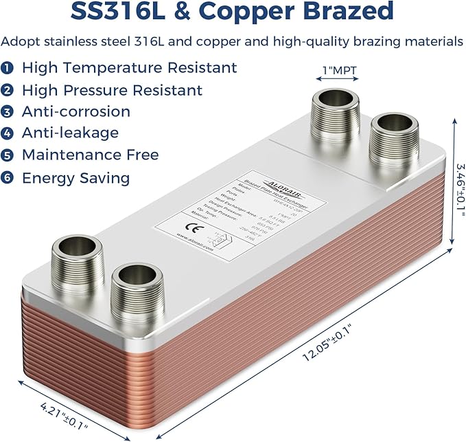 ALORAIR 4"x12" 20 Plates Heat Exchanger with 1" MPT Port,316L Stainless Steel Water to Water Brazed Plate Heat Exchanger for Floor Heating, Water Heating, Commercial and Industrial Refrigeration
