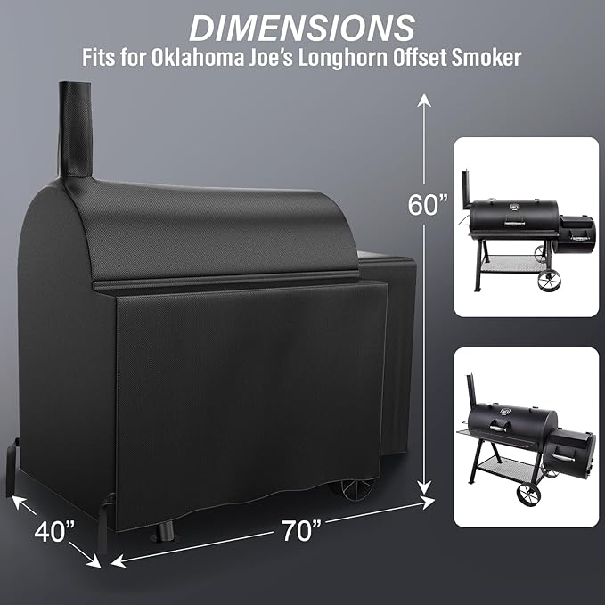 Grill Cover for Oklahoma Joe's Longhorn Offset Smoker, 70 inch Heavy Duty Waterproof UV & Wind Resistant Offset Smoker Cover for Oklahoma Joe's 13201747-50, Outdoor BBQ Cover Accessories