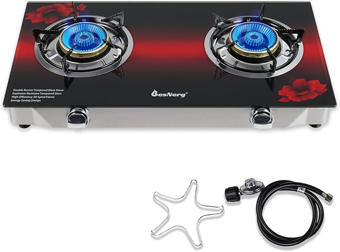 Propane Stove 2 Burner Gas Stove, 28800 BTU High-Efficiency Auto Ignition Tempered Glass LPG Cooktop with CSA Regulator and Hose – for Outdoor Camping, RV, and Emergency Cooking