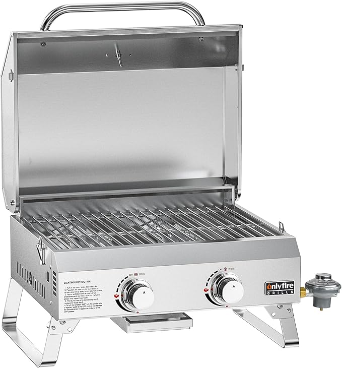 ONLYFIRE GRILLS Tabletop Gas Grill 2 Burners, 20" Portable Propane Grill with Foldable Legs for Outdoor Patio Backyard Camping Tailgating RV Trip Beach, Stainless Steel Gas Stove 16000BTU, GS322