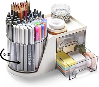 Rotating Desk Organizer with 2 Drawer, Pencil Pen Holder for Desk, Desk Organizers and Accessories with 4 Compartments + Drawer for Office Home Art Supplies (White)
