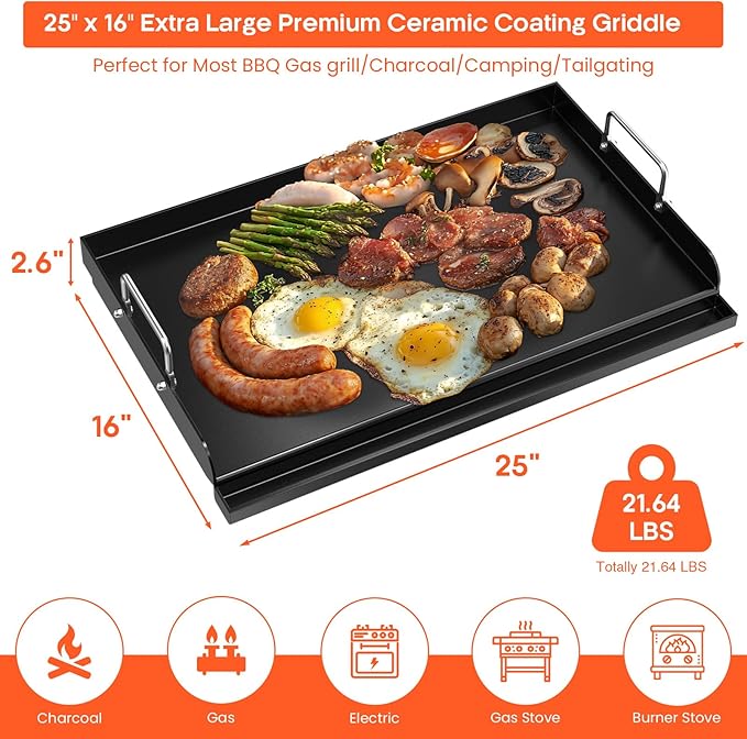 Updated 25" x 16" Cast Iron Griddle for Gas Grill, Nonstick Nanoceramic Stove Top Griddle for Gas Stove, Pre-Seasoned Flat Top Plate Insert for Outdoor Gas Grill, Camping, Tailgating, Parties