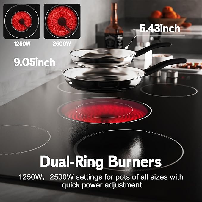 36 Inch Electric Cooktop 5 burner Karienvir, 8900W Built-in Electric Stove Top, Cooktop 36" with Double-ring Burner, Knob & Touch Control, 9 Power Levels, Timer, Safety Lock, 220V-240V Hard Wire