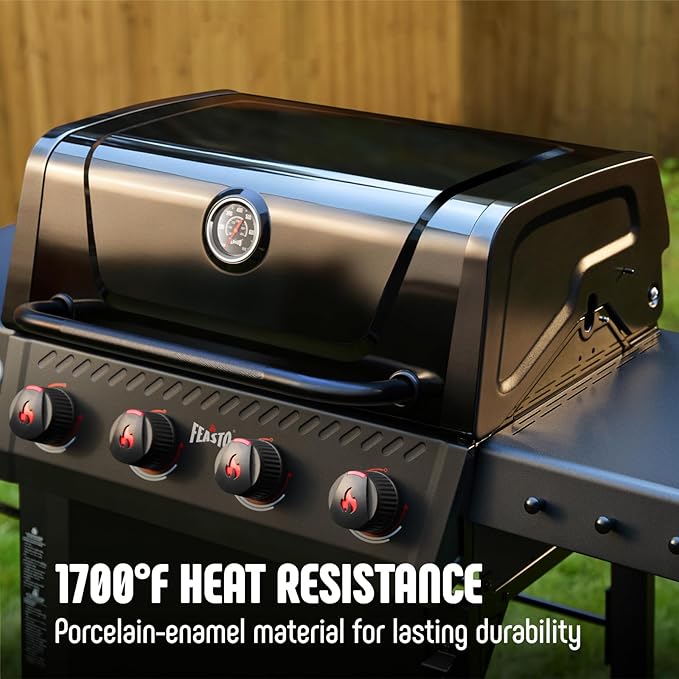 Feasto 4-Burner Propane Gas Grill, 36,000 BTU Outdoor Patio BBQ with Dual Side Tables, Porcelain-Enameled Cookbox & Porcelain-Enameled Cast-Iron Grates for Deck Parties & Patio BBQ, 559 Sq. In., Black
