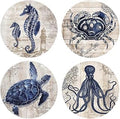 Absorbent Coasters Natural Ceramic Thirsty Stone Navy Blue Octopus Seahorse Crab Turtle Ocean Theme Coaster Set for Drinks Cork Backing (sea Animals)…