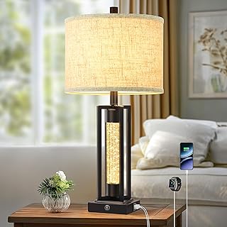 TOBUSA 26’’ Farmhouse Table Lamp for Living Room, Vintage Crystal Nightstand Lamp with 2 USB Ports, Rustic Bedside Lamp with Fabric Shade, Modern Black Desk Lamp with Crystal Night Light for Bathroom