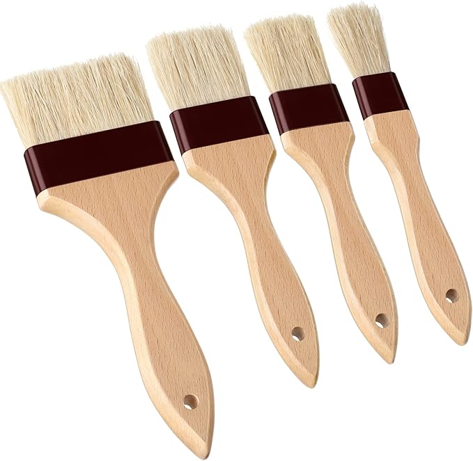Boao 4 Pcs Pastry Brush, Natural Bristle Basting Brush, Beech Wooden Handle Basting and BBQ Brushes for Cooking, Butter, Oil, Egg, Marinade, Sauce, Grilling, Baking, Kitchen Food(1, 1.5, 2, 3 Inch)