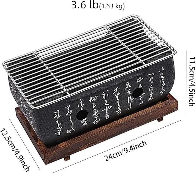 Japanese Style Hibachi Grill, Portable Tabletop Yakitori Charcoal Grill for Indoor Outdoor BBQ with Wooden Base & Wire Mesh 4.9x4.5x9.4in