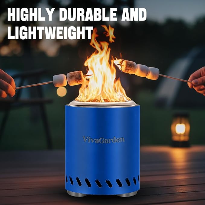 Smokeless Tabletop Fire Pit, VivaGarden Portable Outdoor Fire Pit for Camping, Patio, Backyard, Wood and Pellets Burning Camping Stove with Carry Bag, Forks, Mat and Pot Stand (9.7x7.1 Inch, Blue)