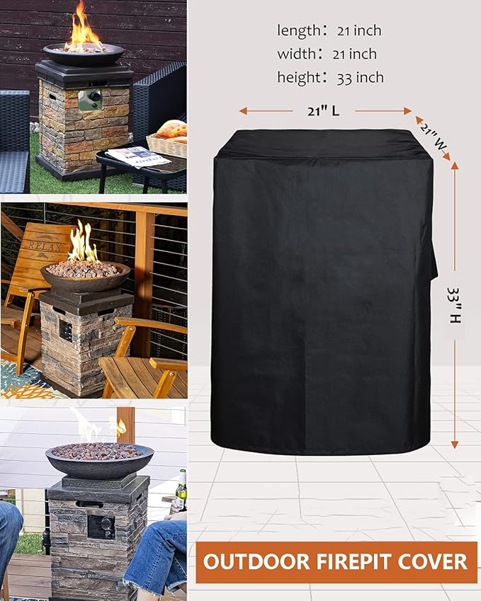 SheeChung Fire Pit Cover Square 21"L x 21"W x 33"H Waterproof Outdoor Propane Column Cover,Heavy Duty Fabric with PVC Coating,Weather Resistant,Fit for Table Gas Firepit Black