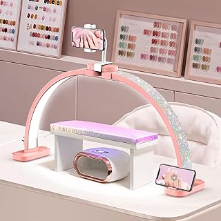 LIONVISON Half Moon Light for Nail Tech: 31 inch Lash LED Lamp with Phone Holder - 48W Foldable Arch Lights for Eyelash Tech - Manicure Handicraft Lighting for Spa,Salon