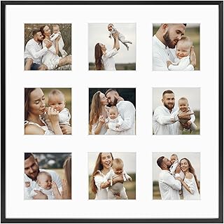Golden State Art, 4x4 Aluminum Collage Frame, Displays 4 x 4 Pictures With 9 Openings Mat or One 16x16 Photo, Real Glass, Wall Display, Black, 1 Pack