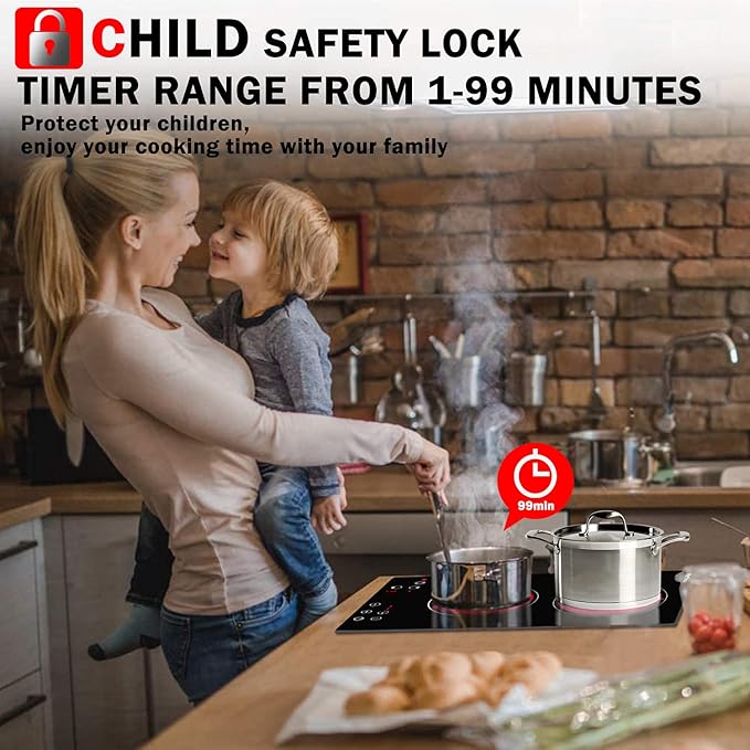 Karinear 2 Burner Electric Cooktop 12 Inch, Drop-in Radiant Cooktop 220v - 240v with Child Safety Lock, Timer, Residual Heat Indicator, 3200W, Hard Wired, No Plug Electric Stove Top