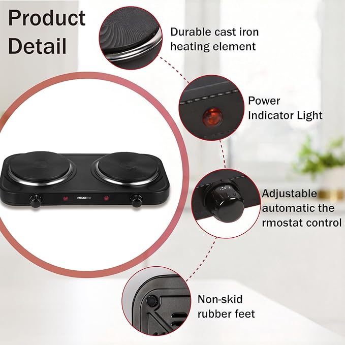Countertop Double Cast Iron Burner 1800 Watts Electric Hot Plate with Adjustable Temperature 6.1" Cooktop for Dorm, Office, Home, Camp, Compatible for All Cookwares