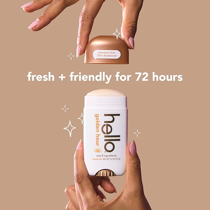 hello Golden Hour Aluminum Free Deodorant for Women and Men, 72-Hour Deodorant, Only 9 Ingredients, Baking Soda Free, Enriched with Shea Butter, Vegan, 2.6 oz Stick Deodorant (2 Pack)