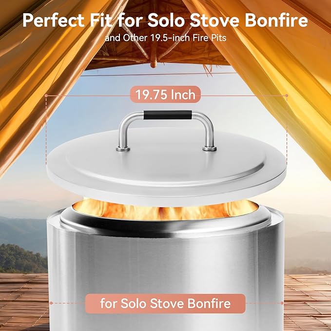 Fire Pit Lid for Solo Stove Bonfire 2.0, 304 Stainless Steel Firepit Round Cover with Heat Resistant Handle for Other Outdoor 19.5 inch Bonfire Lid