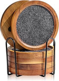 Acacia Wood Coasters for Drinks, HALE OTEIR 4.13 Inch Felt Wooden Coasters for Coffee Table Absorbent Set of 6 with Holder, Natural Wood Stackable Reusable Coasters for Home Office Coffee Bar Table