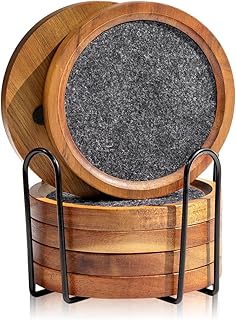 Acacia Wood Coasters for Drinks, HALE OTEIR 4.13 Inch Felt Wooden Coasters for Coffee Table Absorbent Set of 6 with Holder, Natural Wood Stackable Reusable Coasters for Home Office Coffee Bar Table