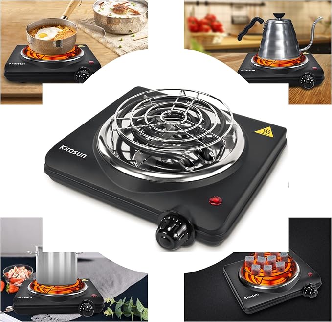 KITOSUN Electric Charcoal Burner - Single Coil Hot Plate Charcoal Starter Cooking Heater Stainless with Steel Grill ETL Certified Countertop Cooktop for Home Kitchen BBQ RV