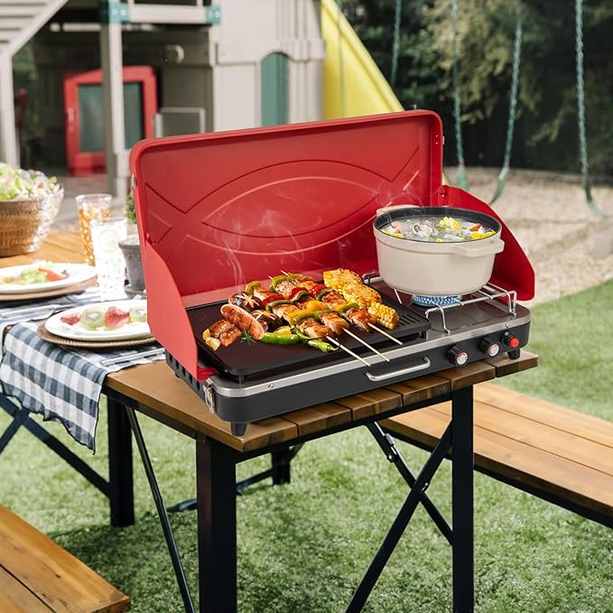 2-Burner Gas Camping Stove, Portable BBQ Grill with Detachable Legs, Roast Grill & 3-Sided Wind Screen, 22,000 Total BTUs of Power, Outdoor Propane Burner Grill Stove for Picnic (Red)