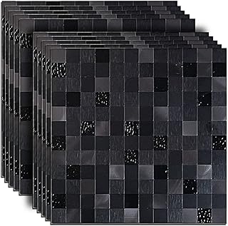 10-Sheet Peel and Stick Backsplash for Kitchen， Metal Aluminum Mosaic Self Adhesive 3D Wall Sticker Panel 11.81"x11.81"x0.15", 4.8 sq.ft (10, Black)