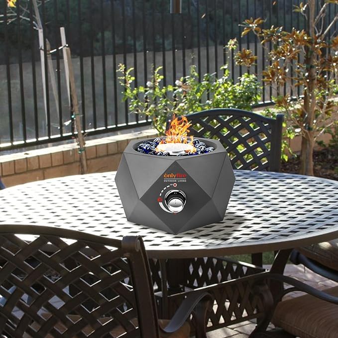 ONLYFIRE OUTDOOR LIVING 14” Modern Tabletop Gas Fire Pit, Portable Firepit Works with 1lb Propane Gas for Patio Backyard Porch Camping RV Tailgating, Side-Mounted, FP004
