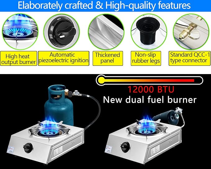 Horynar Propane Stove Single Burner Propane Stove 1 Burner 12,000 BTU Dual Fuel Auto Ignition with CSA Converter / QCC1 LPG Hose for Emergency Outdoor Cooking