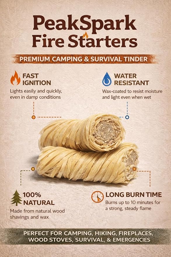 PeakSpark Natural Fire Starters – 100 Wax-Infused Wood Fiber Fire Starter Sticks for Camping, BBQ, Fire Pits, Fireplaces & Wood Stoves | Easy to Light, Smokeless, Long-Burning, Eco-Friendly.