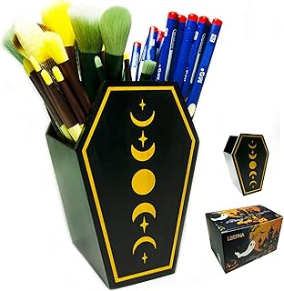 Goth Makeup Brush Holder for Vanity Desk, Coffin Pen Holder for Office Desk,Wooden Pencil Holder,Gothic Makeup Organizer, Black Decor for Home,Room,Bathroom,Bedroom,Living room,Witchy Gifts