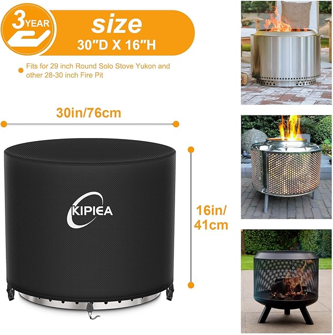 Kipiea Round Fire Pit Cover for Solo Stove Yukon - 100% Waterproof Smokeless Fire Pit Cover, Upgraded 600D Strong Tear and UV Resistant - 30" Dia X 16" H