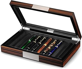Wood Pen Box - 10 Slot Organizer With Glass Lid, Top Window Display Case for Collection Storage